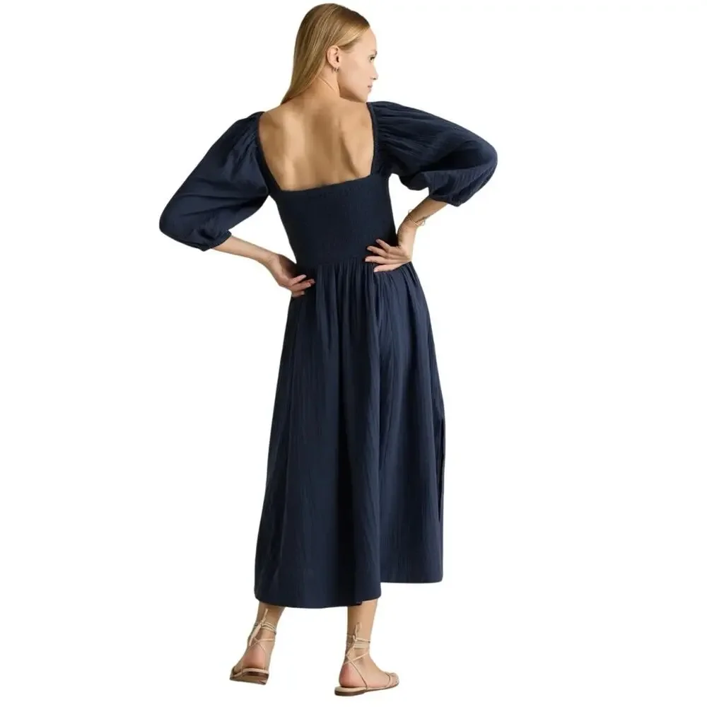 New Quince Small Indigo Blue Organic Cotton Gauze Smocked Square Neck Midi Dress
